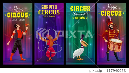 Circus banners with funfair carnival performers and animals, vector cartoon backgrounds. Circus magic show posters with monkey juggler, fire eater man and orchestra drummer with pelican bird in hat 117940938