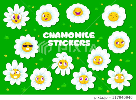 Chamomile face, daisy flowers stickers. Cartoon camomile bloom characters with funny face emotions. Vector set of patches with cute summer blossoms smile, laugh, crazy or wink, surprised and sad emoji 117940940