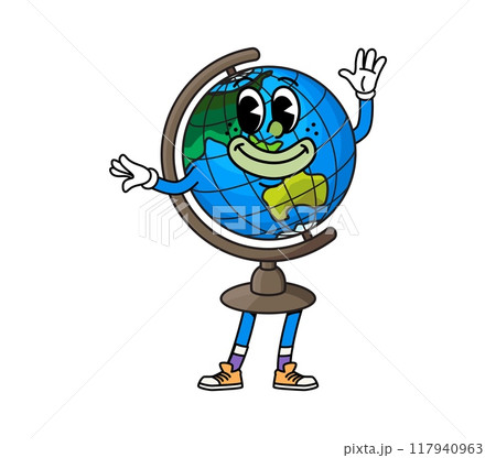 Cartoon groovy school globe character. Isolated vector earth planet, retro geographical map, educational item personage with smiling face, showcasing a friendly facial expression and waving hand 117940963