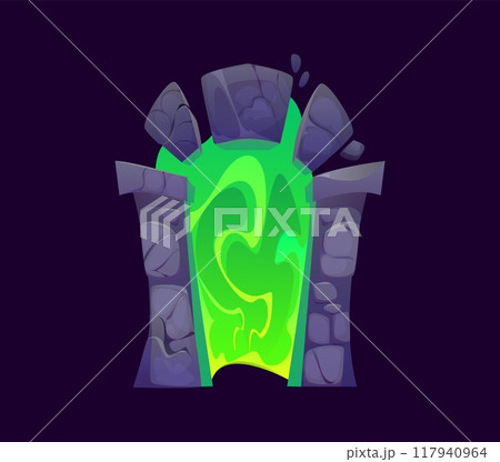 Magic portal door, fantasy stone arch game asset. Cartoon vector vibrant green doorway with swirling patterns, surrounded by a rugged stone arch, emits a mystical glow, inviting into magical world Magic portal door, fantasy stone arch game asset. Cartoon vector vibrant green doorway with swirling patterns, surrounded by a rugged stone arch, emits a mystical glow, inviting into magical world 117940964