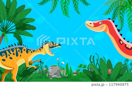 Cartoon prehistoric dinosaurs. Vibrant vector background with neovenator and ouranosaurus dino in a lush jungle backdrop with dense tropical foliage, ferns, and palm trees against a clear blue sky Cartoon prehistoric dinosaurs. Vibrant vector background with neovenator and ouranosaurus dino in a lush jungle backdrop with dense tropical foliage, ferns, and palm trees against a clear blue sky 117940975