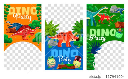 Kids dino party social media templates with funny prehistoric dinosaurs, vector frames. Dino park party or children entertainment event invitation post templates for social media transparent frames 117941004