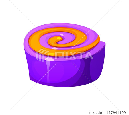 Cartoon Halloween holiday sweets and dessert. isolated vector round candy or cookie for kids trick or treat party. Tasty roll snack, confectionery, patisserie with orange and purple colored stripes Cartoon Halloween holiday sweets and dessert. isolated vector round candy or cookie for kids trick or treat party. Tasty roll snack, confectionery, patisserie with orange and purple colored stripes 117941109