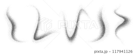Noise grain wave sprays and sand dust or paint brush abstract lines, vector airbrush waves. Paint or graffiti ink spray with grain noise texture or grunge black dots and grainy dust sand particles 117941126
