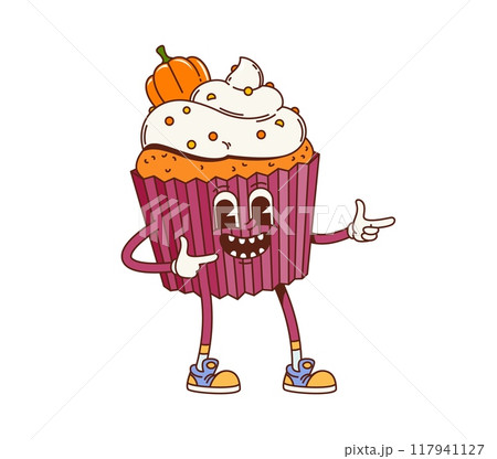 Groovy retro cartoon muffin cupcake dessert character, vector funky comic pastry. Groovy retro comic cupcake dessert with funny face and sweet cream for kids pastry or funny bakery comic food emoji 117941127