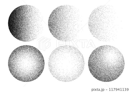 Stipple noise dot grain sphere shape, halftone gradient brush. 3d vector abstract dotwork balls featuring different degree of grainy texture, from complete round circles to halved with sand effect Stipple noise dot grain sphere shape, halftone gradient brush. 3d vector abstract dotwork balls featuring different degree of grainy texture, from complete round circles to halved with sand effect 117941139