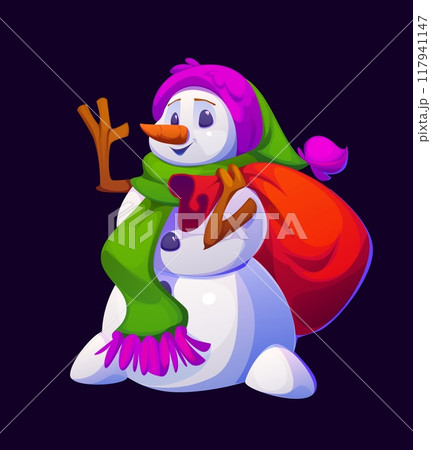 Cartoon Christmas funny snowman character dressed in a colorful green and purple scarf and hat, carrying a large red sack of gifts. Vector cheerful festive personage greeting with Xmas holidays Cartoon Christmas funny snowman character dressed in a colorful green and purple scarf and hat, carrying a large red sack of gifts. Vector cheerful festive personage greeting with Xmas holidays 117941147