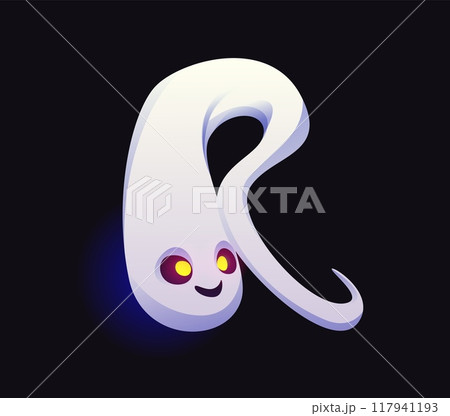 Halloween ghost font, scary boo typeface of letter R for horror evil type, vector alphabet. Halloween font of spooky monster ghost or cartoon funny boo character in letter R for trick or treat holiday 117941193