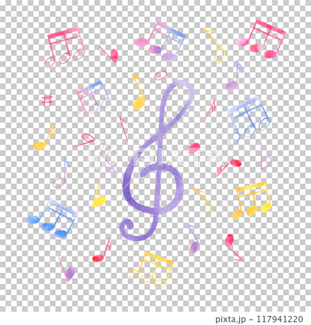 Multicolored cute flying music notes around treble clef watercolor poster. Pink, blue, yellow, purple note symbols illustration for Music day celebration, musical atmosphere design, greeting card. 117941220