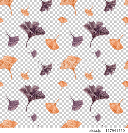 Gold and dark copper flying vintage gingko biloba leaves watercolor illustration. Dried abstract fan leave seamless floral pattern. For various nature themed designs, wall decor, vintage wedding Gold and dark copper flying vintage gingko biloba leaves watercolor illustration. Dried abstract fan leave seamless floral pattern. For various nature themed designs, wall decor, vintage wedding 117941330