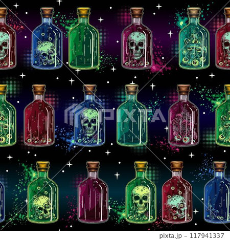 Pattern with lined up colorful bottles with potion with human skull inside, mushrooms. Halloween creepy graphics in vintage style. 117941337