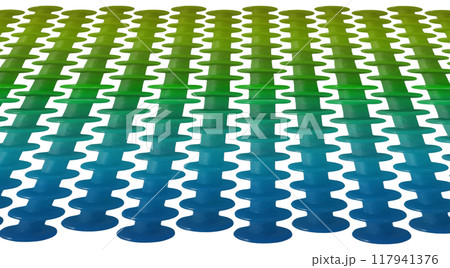 Wall of vertical pillars. Abstract, background image. A fence made of vertical blue-green columns with disks on them. 117941376