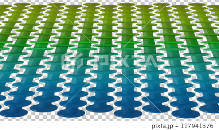 Wall of vertical pillars. Abstract, background image. A fence made of vertical blue-green columns with disks on them. 117941376