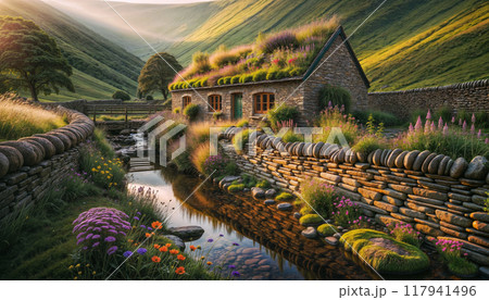 mountain stone house with a grass-covered roof beside a stream mountain stone house with a grass-covered roof beside a stream 117941496