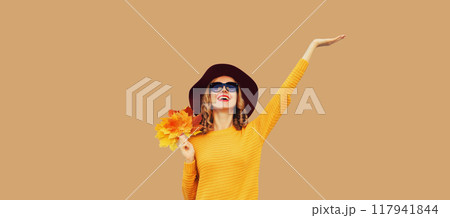 Autumn portrait of happy smiling young woman holding yellow leaves, stylish cheerful girl in sweater Autumn portrait of happy smiling young woman holding yellow leaves, stylish cheerful girl in sweater 117941844