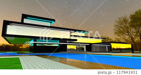 A project for a luxury countryside estate tailored for affluent, sophisticated clients. The pool and exterior lighting look stunning at night. 3D rendering. A project for a luxury countryside estate tailored for affluent, sophisticated clients. The pool and exterior lighting look stunning at night. 3D rendering. 117941931