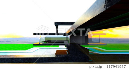 Black marble as the primary exterior material for a countryside property. It pairs well with glass. 3D rendering. 117941937