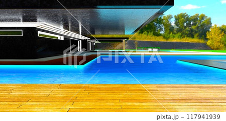 Canopy over the entrance to a private hotel. Wooden decking by the pool. Shaded, serene setting. 3D rendering. 117941939