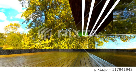 Dense vegetation is reflected in the panoramic mirror window overlooking the wooden terrace. 3D rendering..jpg Dense vegetation is reflected in the panoramic mirror window overlooking the wooden terrace. 3D rendering..jpg 117941942