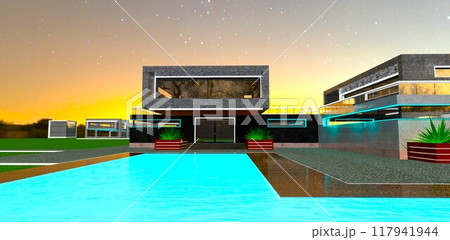 Elite townhouse in a cottage community with a pool featuring night lighting. A balcony with a large window above the entrance. 3D rendering. Elite townhouse in a cottage community with a pool featuring night lighting. A balcony with a large window above the entrance. 3D rendering. 117941944