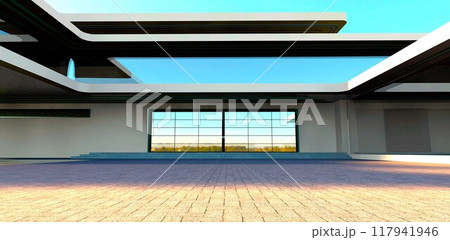 Exclusive entrance design of an advanced villa. The reflection of the surrounding environment in the glass facade creates an impression of spaciousness and lightness. 3d rendering. 117941946