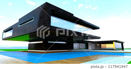 Exterior design of a modern countryside property featuring black marble cladding. It appears solid and luxurious. 3D rendering. 117941947