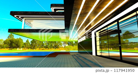 Glass entrance doors to an elite club hotel with black marble cladding. Cantilevered canopy over the pool. 3D rendering. 117941950