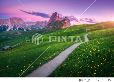 Seceda mountain at beautiful sunset in summer in Dolomites, Italy 117942039
