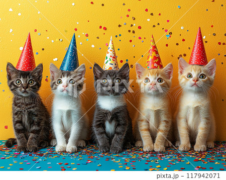 Kittens' Birthday Party. Adorable kittens wearing party hats 117942071