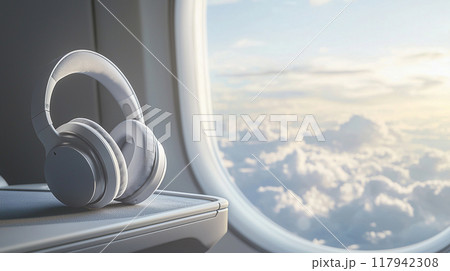 In-Flight Serenity. A pair of headphones resting on an airplane seat table In-Flight Serenity. A pair of headphones resting on an airplane seat table 117942308