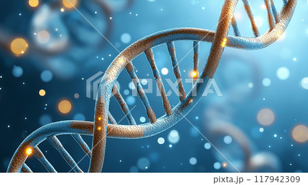 DNA Helix Structure against a blue bokeh background with bright lights. DNA Helix Structure against a blue bokeh background with bright lights. 117942309