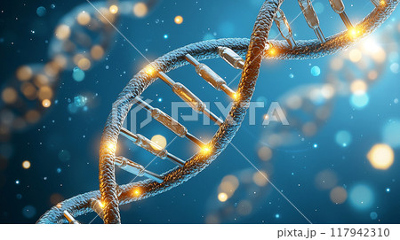 Glowing DNA Strand against a blue bokeh background with bright lights. Glowing DNA Strand against a blue bokeh background with bright lights. 117942310