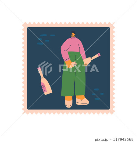 Wine lover postal stamp isolated on white background. Stylized young male character with wine square sticker. Vector hand drawn flat illustration 117942569