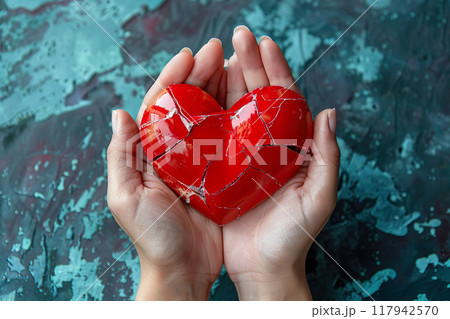 Broken cracked red heart shape in girl hands on a grunge wall background. Loneliness and loss of love concept. Generative AI Broken cracked red heart shape in girl hands on a grunge wall background. Loneliness and loss of love concept. Generative AI 117942570
