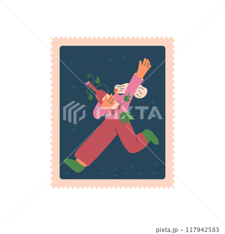 Wine lover postal stamp isolated on white background. Stylized woman with wine square sticker. Vector hand drawn flat illustration Wine lover postal stamp isolated on white background. Stylized woman with wine square sticker. Vector hand drawn flat illustration 117942583