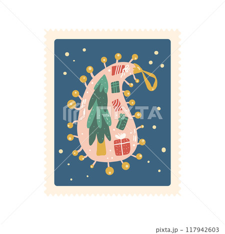 Christmas post stamp. Glass bauble in paisley shape. Happy New Year retro design. Vector hand drawn illustration isolated on white background. Christmas post stamp. Glass bauble in paisley shape. Happy New Year retro design. Vector hand drawn illustration isolated on white background. 117942603