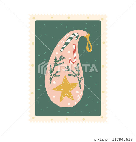 Christmas post card. Happy New Year shatterproof ornaments with star, candy cane and pine branches retro design. Vector hand drawn illustration isolated on white background. Christmas post card. Happy New Year shatterproof ornaments with star, candy cane and pine branches retro design. Vector hand drawn illustration isolated on white background. 117942615