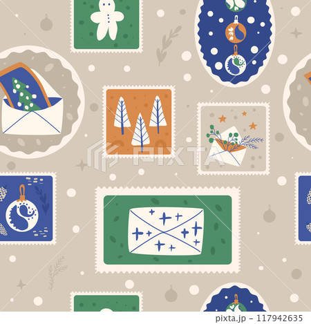 Christmas seamless pattern. Stickers New Year repeat background. Vector hand drawn flat calm illustration. 117942635