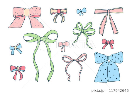 Set of bows. Silk band kit. Coquette aesthetic. Vector hand drawn Bowknot collection illustration isolated on white background. 117942646
