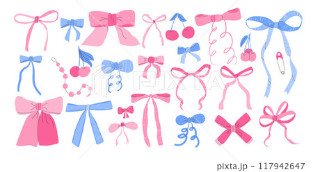 Various bows set. Ribbon band kit. Hairstyle and gift decor. Vector hand drawn bowknot flat collection illustration isolated on white background. 117942647
