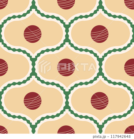 Cricket ball damask seamless pattern. Sport repeat background. Cricket equipment retro endless design. Vector hand drawn illustration. 117942648