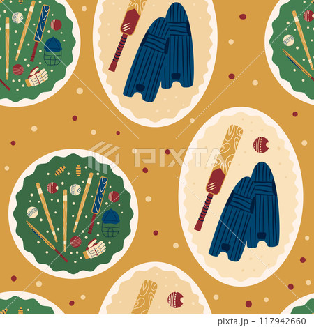 Cricket seamless pattern. Round and oval stickers endless background. Bat, leg pads and helmet with ball repeat cover. Sport game equipment continuous ornament. Vector hand drawn illustration. Cricket seamless pattern. Round and oval stickers endless background. Bat, leg pads and helmet with ball repeat cover. Sport game equipment continuous ornament. Vector hand drawn illustration. 117942660