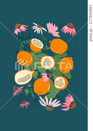 Flowers and fruits background card. Sweet granadilla and coneflowers poster. Floral banner. Vector hand drawn illustration 117942661