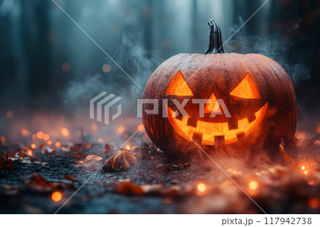 Glowing jack o lantern pumpkin. Spooky Halloween 117942738