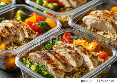 Healthy meal prep containers filled with grilled chicken, fresh vegetables, colorful ingredients. Balanced nutrition and meal planning Healthy meal prep containers filled with grilled chicken, fresh vegetables, colorful ingredients. Balanced nutrition and meal planning 117942739