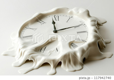 Surreal melting clock sculpture. Fluidity of time concept Surreal melting clock sculpture. Fluidity of time concept 117942740