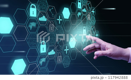 Hand touches virtual screen with icons of castle, world map. Concept of safe internet, protected data Hand touches virtual screen with icons of castle, world map. Concept of safe internet, protected data 117942888