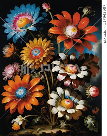 The concept of stylized Baroque flowers. Baroque Blossoms: A Tapestry of Floral Elegance 117942907