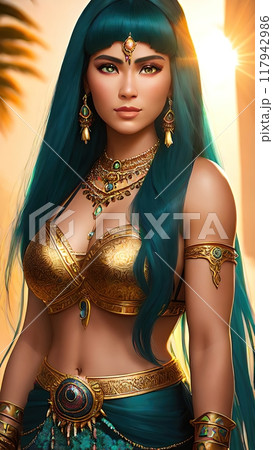 The image portrays a young Berber woman, likely from Morocco or a neighboring region, standing on a bright sun The image portrays a young Berber woman, likely from Morocco or a neighboring region, standing on a bright sun 117942986
