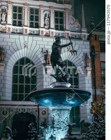 Neptune's Fountain at night, in winter, Danzig, Poland 117943079